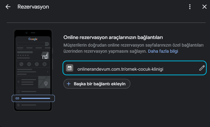 Rezervasyon penceresi: eklenen randevu bağlantısı listede tek satır olarak görünüyor, sağında düzenleme kalemi var.